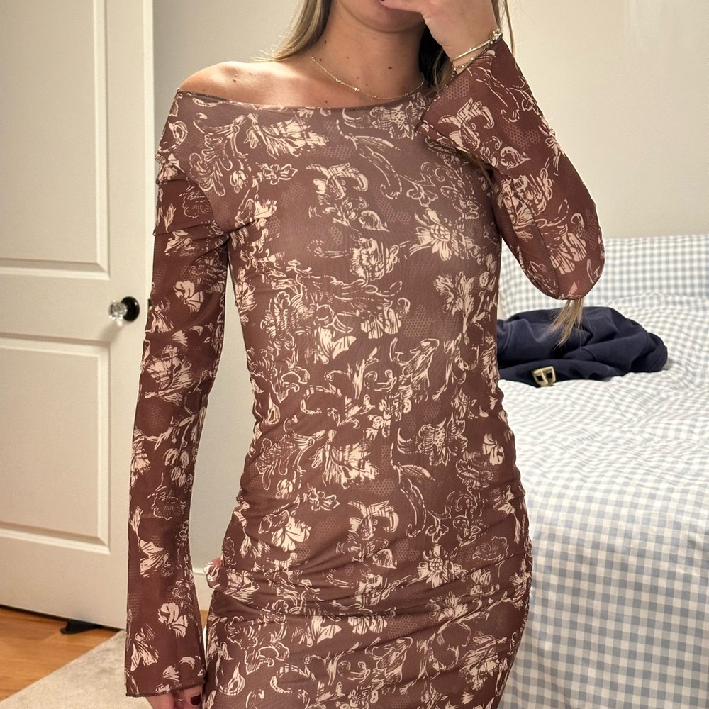 Amazon Brown Floral Long Sleeve Dress